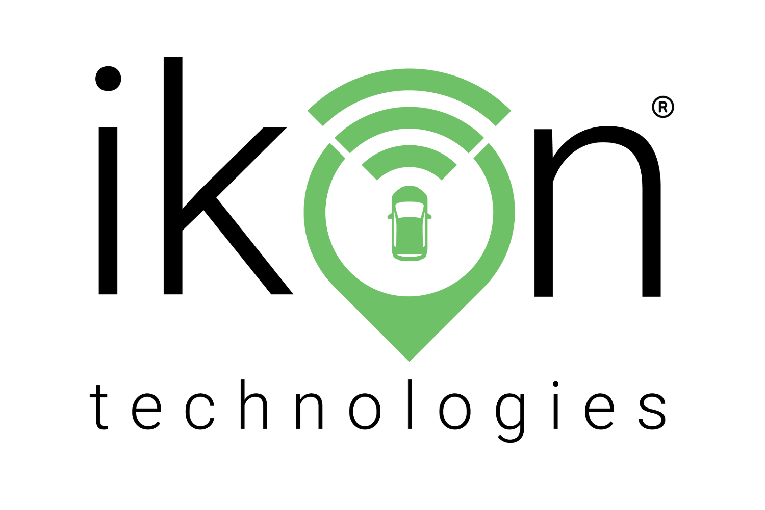 The logo for Ikon Technologies features the word "ikon" in lowercase black letters. The "o" is replaced by a green location pin with a car symbol inside. Above the pin are two green, concentric arcs suggesting wireless connectivity. The word "technologies" is in lowercase beneath.