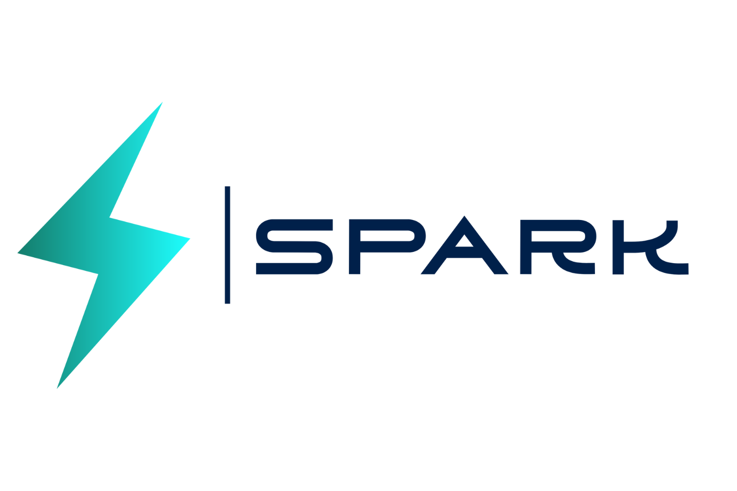 A turquoise lightning bolt icon is to the left of the word "SPARK" written in bold, navy blue capital letters. The lightning bolt is slightly tilted to the right, and there is a vertical navy blue line separating the icon from the text. The background is white.