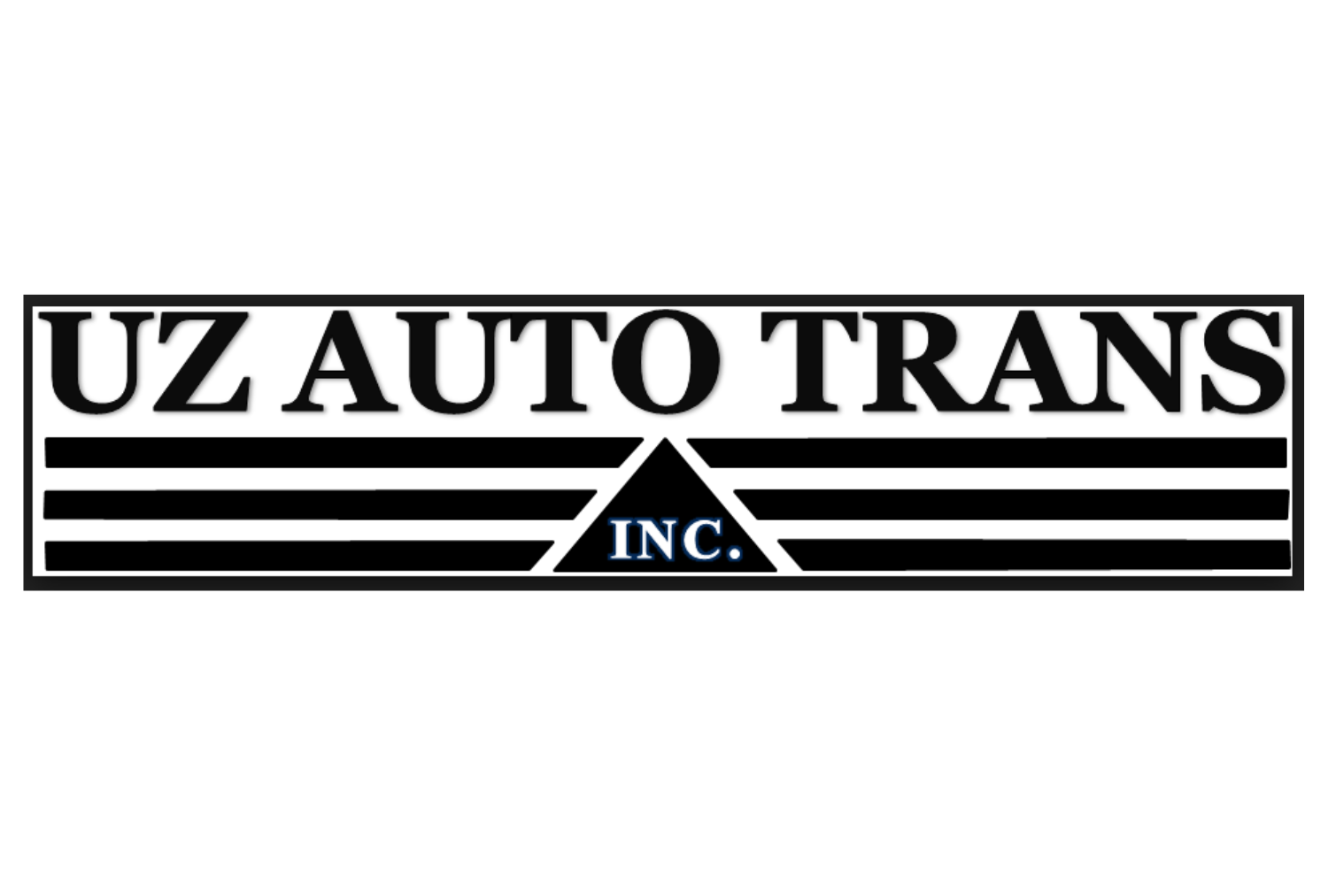 A logo with the text "UZ AUTO TRANS" in large black letters at the top. Below the text, there is a black triangle with horizontal black lines on both sides and the word "INC." in blue letters inside the triangle.