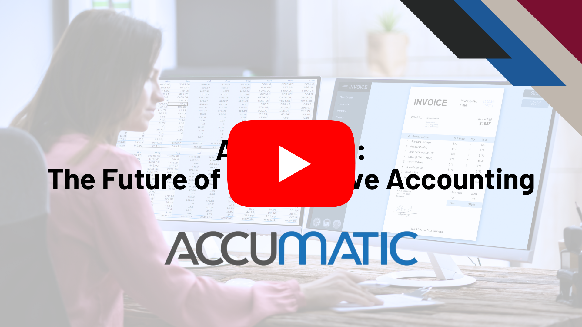 A person in a blurry background sits at a desk, looking at computer screens displaying financial data and an invoice. The foreground features a red play button icon and text: "Accumatic: The Future of Automotive Accounting." The Accumatic logo is at the bottom.