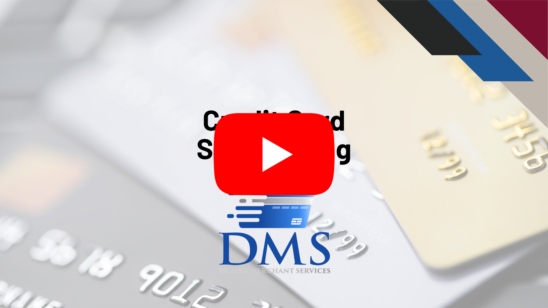 A "Credit Card Security" video thumbnail. It shows an array of blurred credit cards in the background. A large red YouTube play button is centered on the image. Below, a "DMS" (Dealer Merchant Services) logo is displayed.