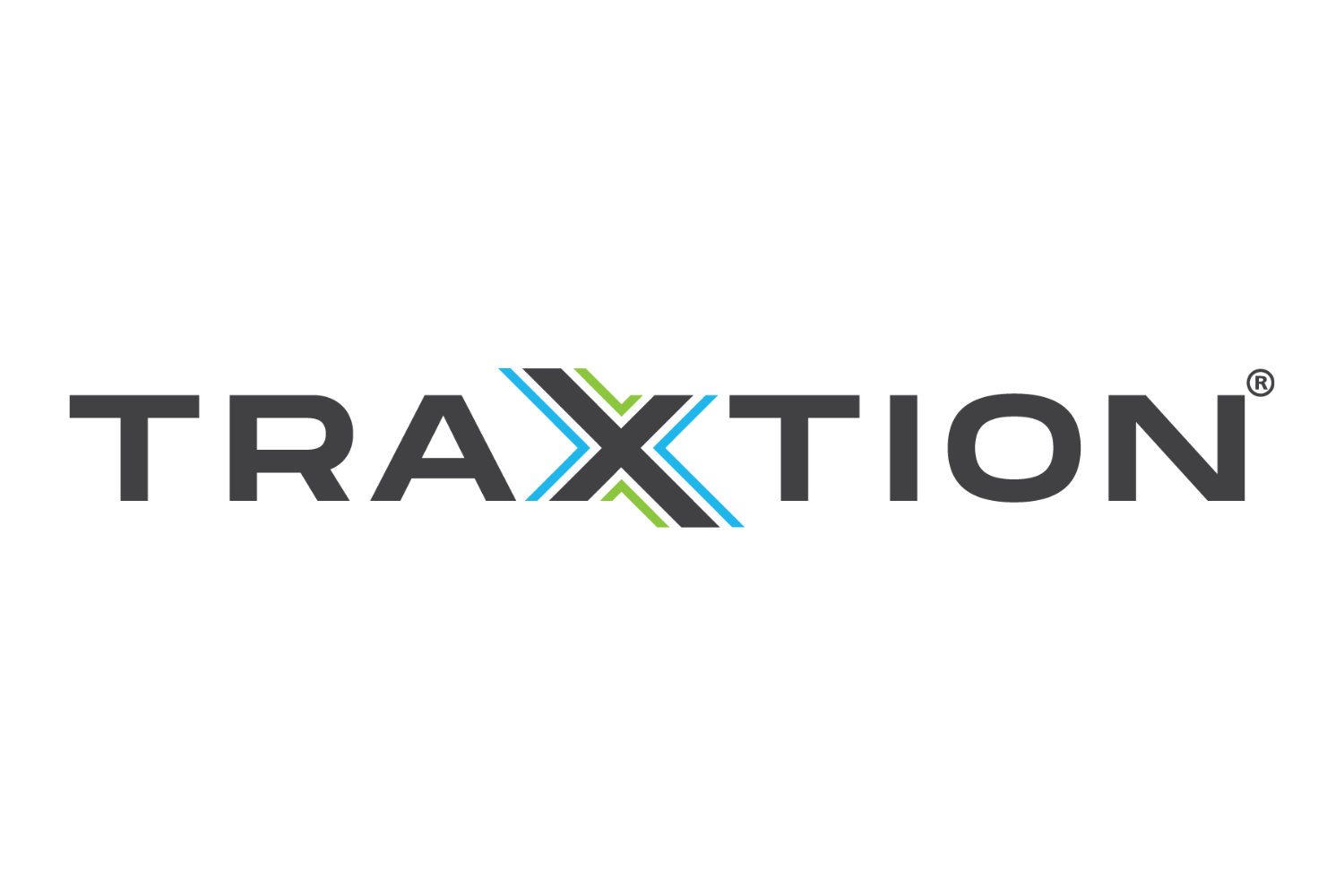 The image features the logo for "TRAXXTION." The text is in bold, uppercase letters, with a stylized "X" that includes blue, green, and white lines intersecting in the middle. The logo has a modern and dynamic design, set against a white background.