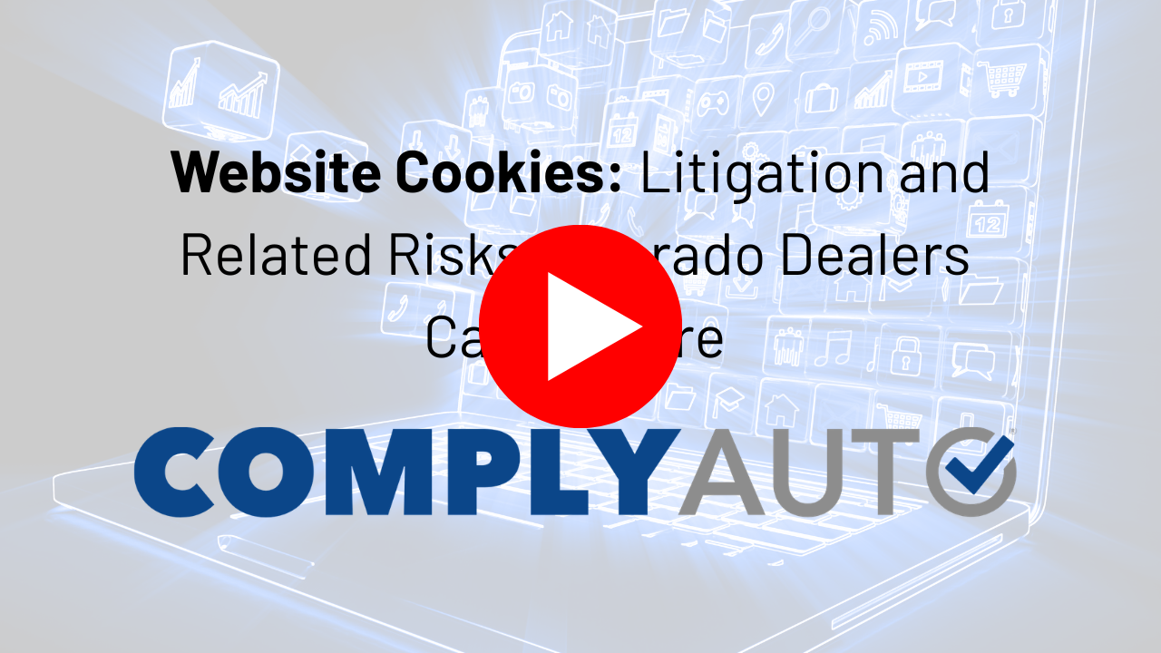 An overlaid red play button on an image showing two people sitting at a desk with a laptop, tablet, and business charts. The text reads "Tires and EPM Education" above "Comply Auto Safety." There are colorful stripes in the upper right corner.